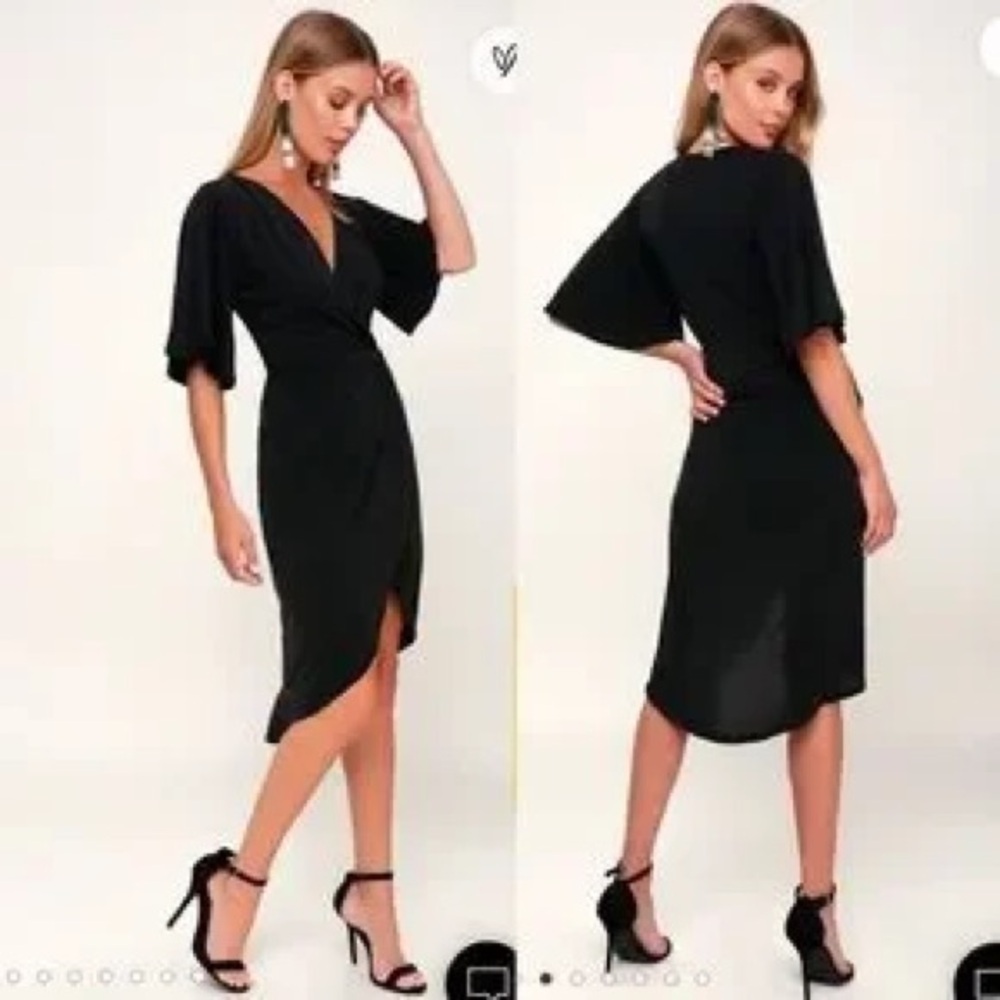 Lulus Wrap Style Flutter Sleeve Midi Dress – Black – M